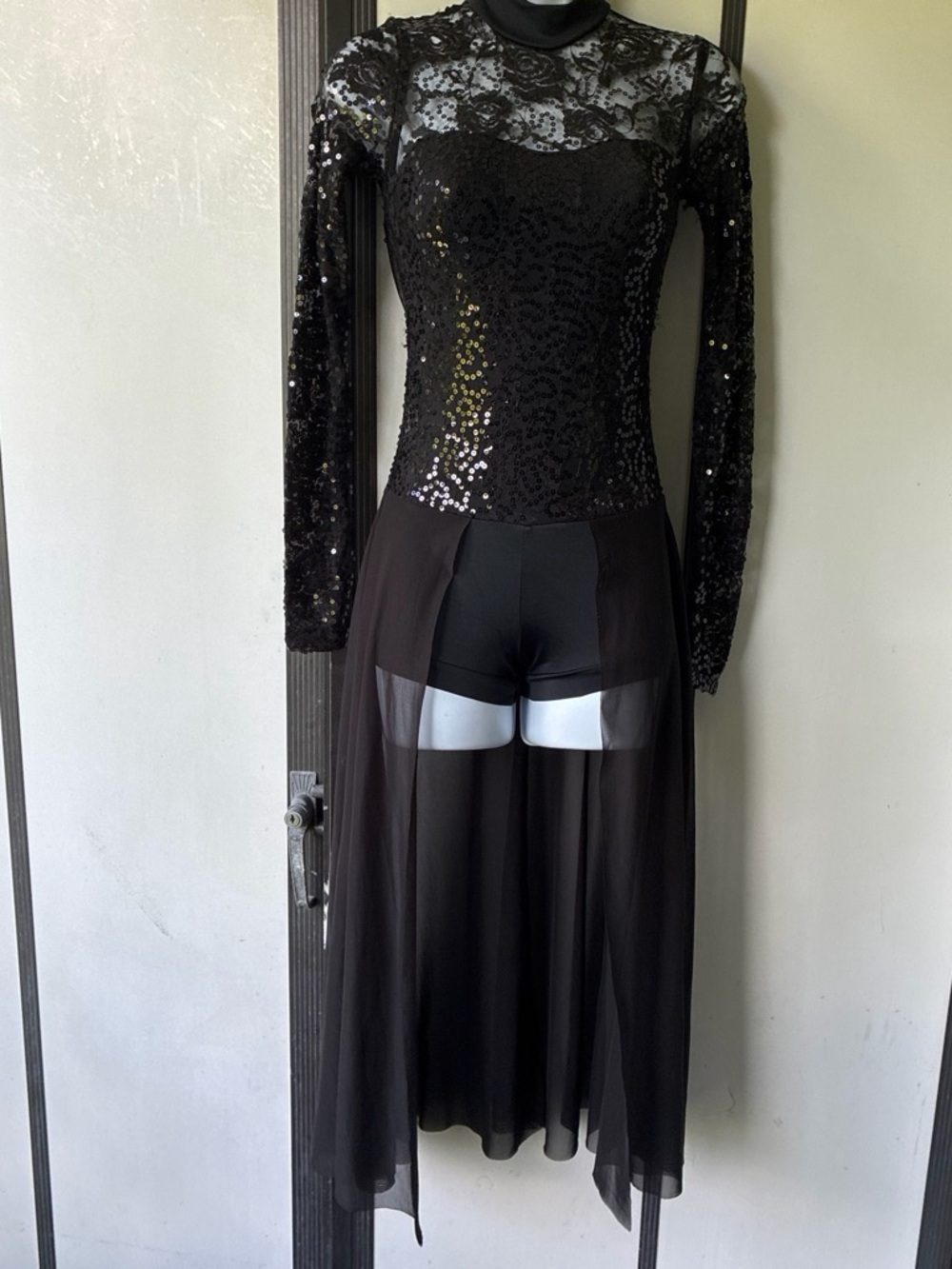 balera Black Lace and Sequin Dance Dress with Sheer Skirt